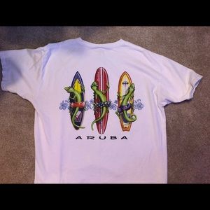 White Aruba t shirt with graphic on the back.